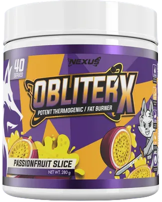 A container of Nexus Sports Nutrition ObliterX Fat Burner in Passionfruit Slice flavor. The container is purple with an illustration of a fruit and a character on it.